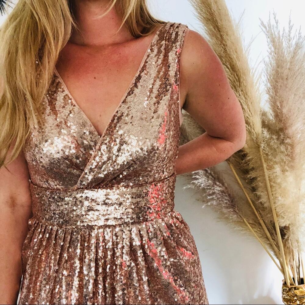 NEW KATE KASIN Pink Rose Gold Champagne VNeck Sequin Sparkle Maxi Gown Dress 10 - Picture 9 of 10